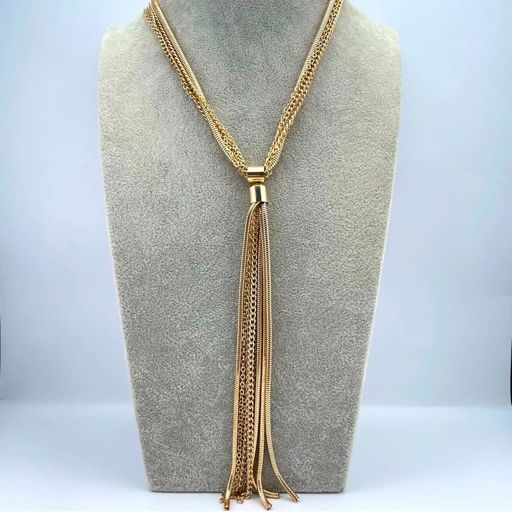 INC Gold Tone Multi-Strand Chain Tassel Necklace NWT 31” Long